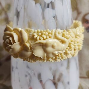 Molded Ivory Color Celluloid Antique Rose Chrystenthemum Puppy Elephant Bracelet